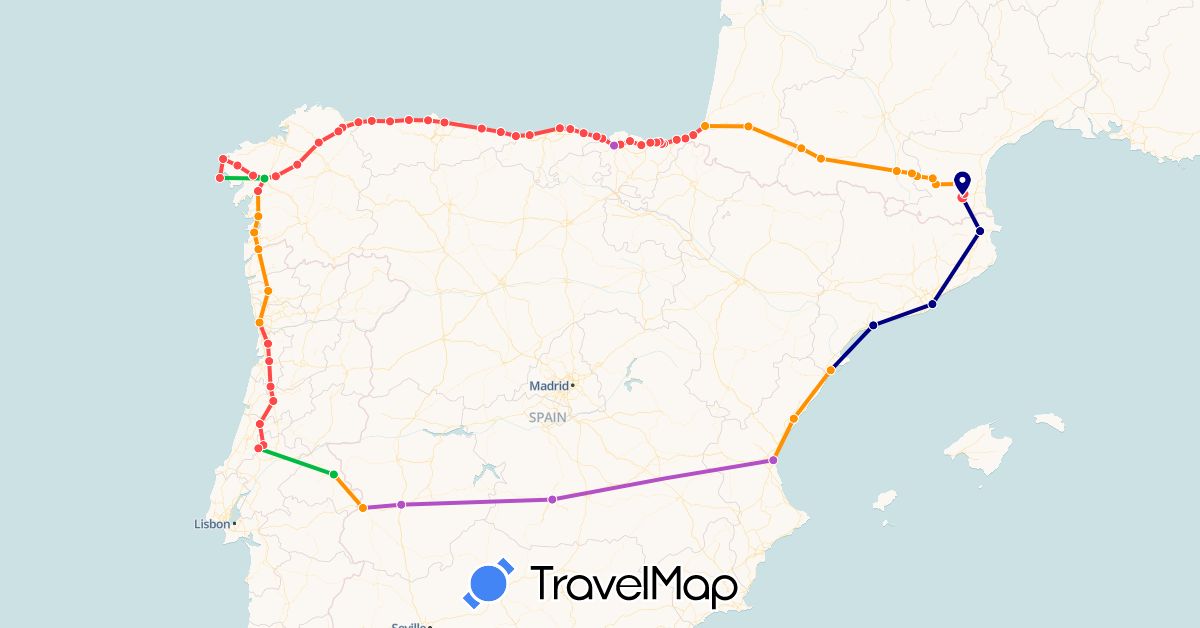 TravelMap itinerary: driving, bus, train, hiking, hitchhiking in Spain, France, Portugal (Europe)