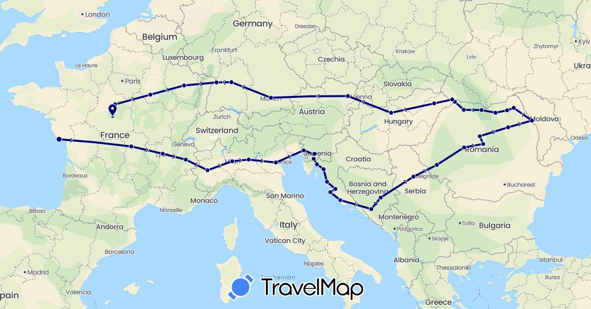 TravelMap itinerary: driving in Austria, Bosnia and Herzegovina, Germany, France, Croatia, Hungary, Italy, Moldova, Romania, Serbia, Slovenia, Ukraine (Europe)