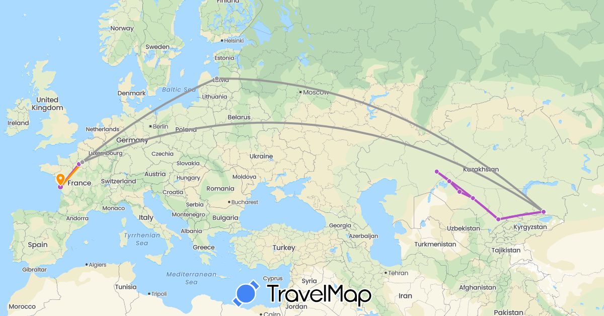 TravelMap itinerary: plane, train, hitchhiking in France, Kazakhstan, Latvia (Asia, Europe)
